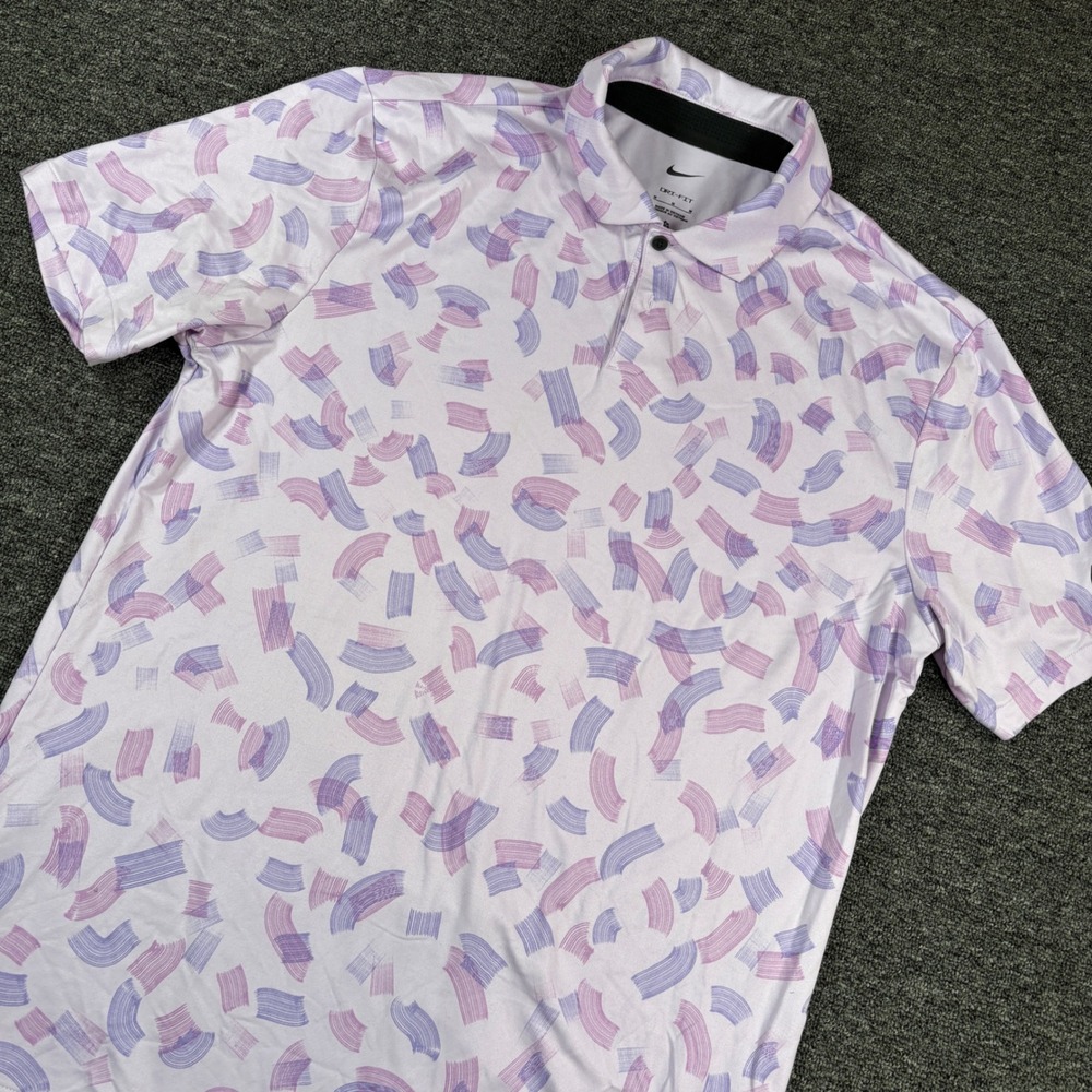 Nike Tour Polo Mens Medium Purple Pink Abstract Brushstroke Dri-FIT Short Sleeve